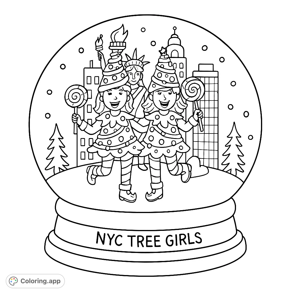 Two festive tree girls hold lollipops inside a New York City snow globe, featuring iconic landmarks and a cheerful winter scene. A delightful holiday coloring page.