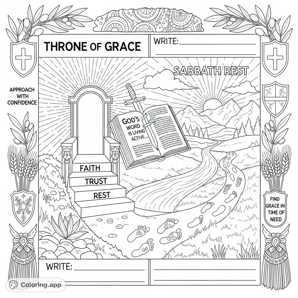 A detailed Hebrews 4 coloring page featuring the Throne of Grace, an open Bible, and symbols of rest and faith. Perfect for spiritual reflection.