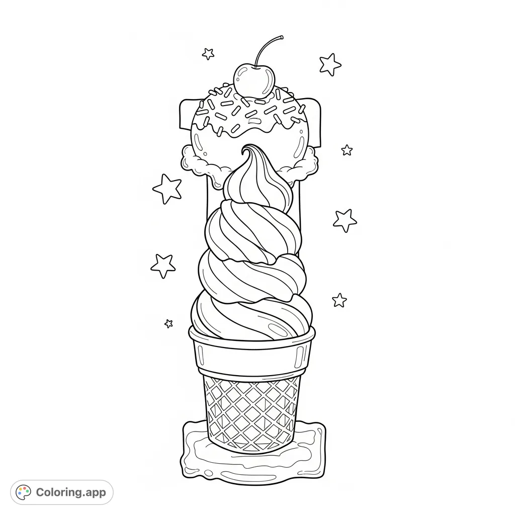 A delightful ice cream letter I coloring page featuring a swirled soft-serve cone and scoops, perfect for learning and sweet fun.