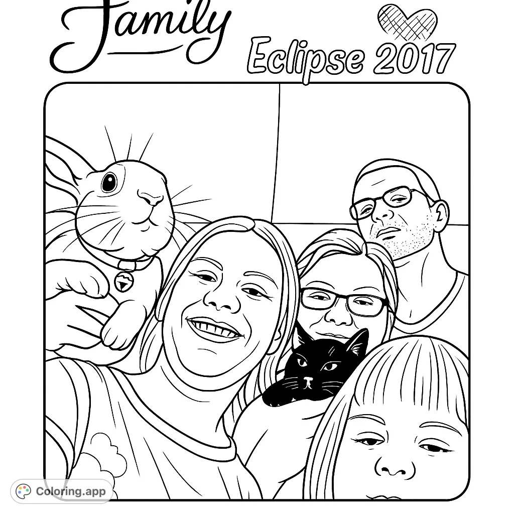 A heartwarming family portrait featuring smiling faces, a fluffy rabbit, and a playful cat. Perfect for celebrating family bonds and pet love.