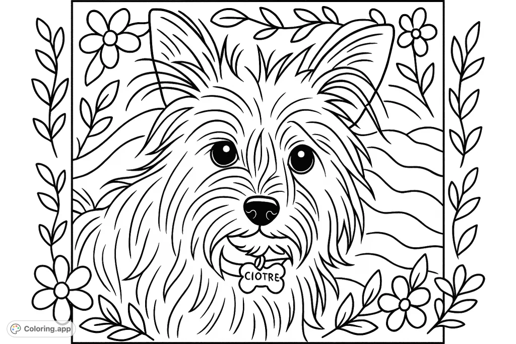 A charming fluffy dog with shaggy fur and pointy ears, perfect for a delightful coloring adventure. Features a cute pet portrait with decorative borders.