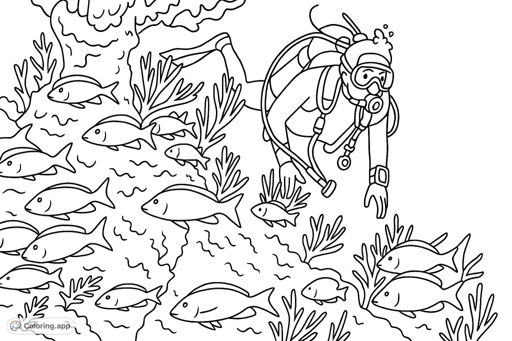 Explore an underwater world with a diver observing a school of fish near a vibrant coral reef. A simple, engaging scene for all ages to color.