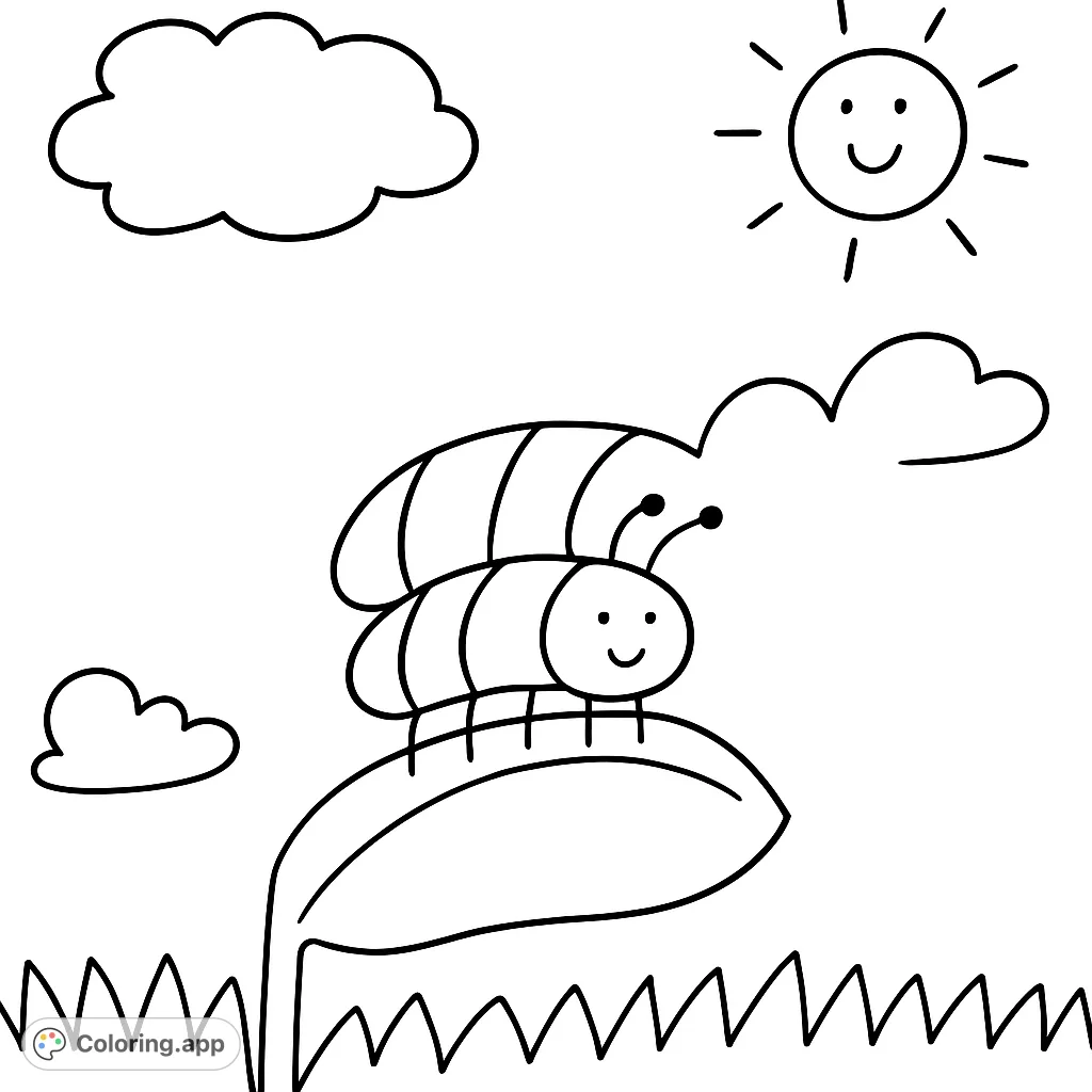 A delightful coloring page featuring a friendly bug perched on a large leaf, with a cheerful sun and cloud in the sky. Perfect for young artists!