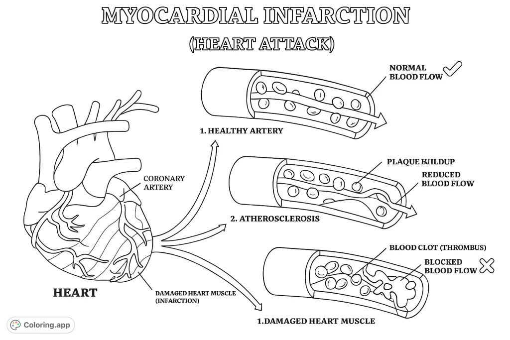 Explore the human heart and artery health with this detailed anatomical coloring page, perfect for learning about the circulatory system and cardiovascular conditions.