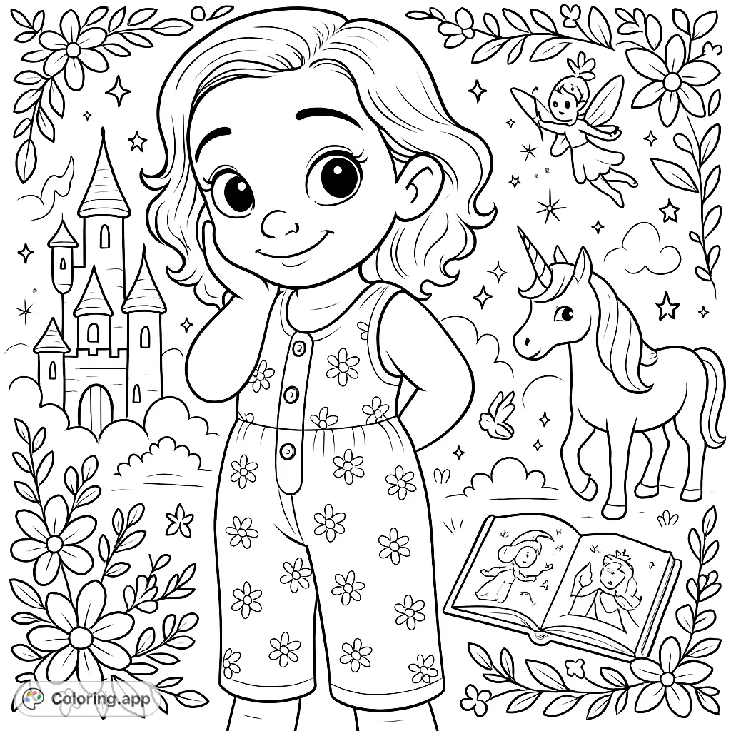 A delightful princess toddler coloring page, featuring a charming child with a unicorn pony, surrounded by magical creatures and fairytale castles. Free printable for kids!