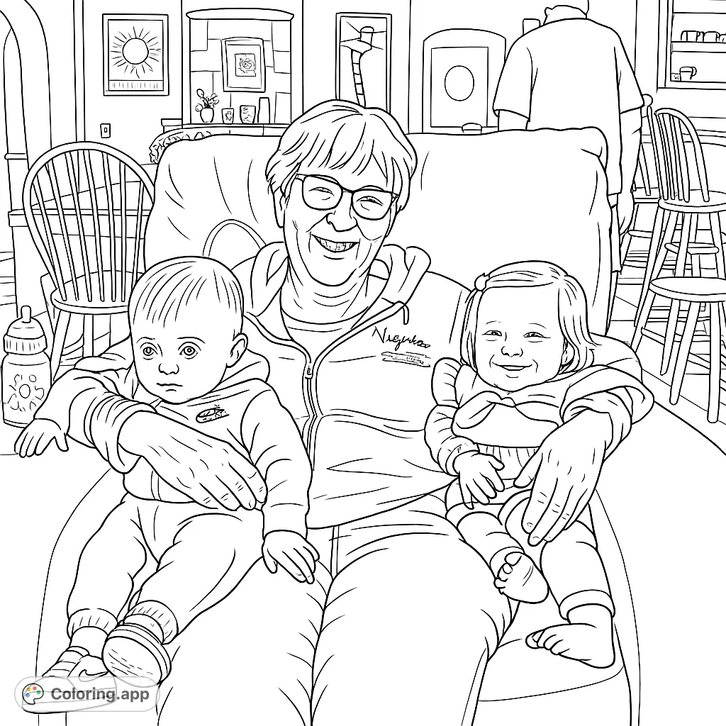 A heartwarming family portrait featuring a smiling grandmother embracing two cheerful toddlers in a cozy home setting. Perfect for celebrating family bonds.