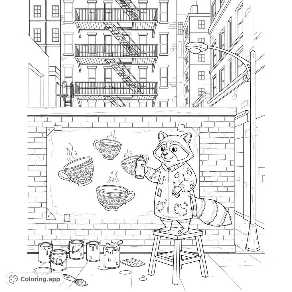 A playful raccoon artist adds final touches to a whimsical teacup mural in a detailed city alley, surrounded by paint supplies and urban architecture.