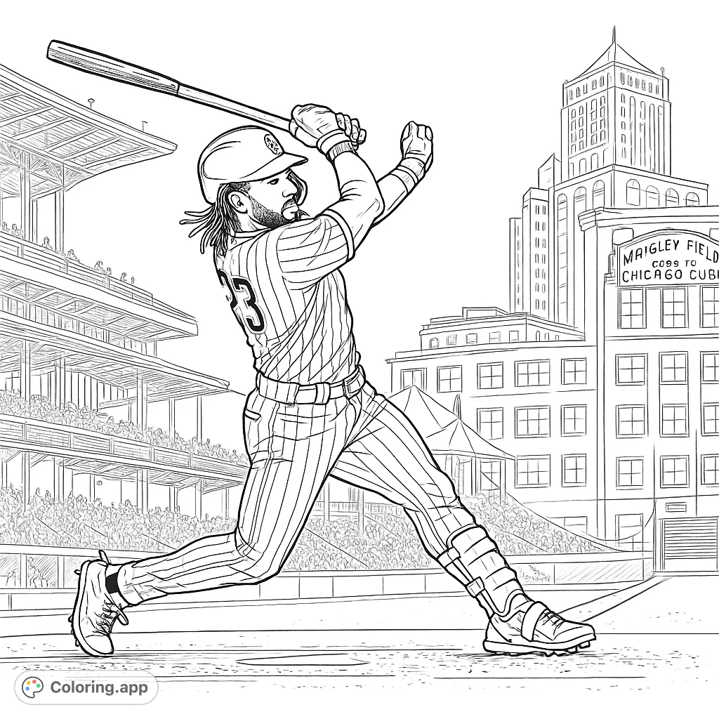 Dynamic baseball player in mid-swing, hitting a ball with a stadium and city skyline backdrop. Features a fun, oversized crayon detail.