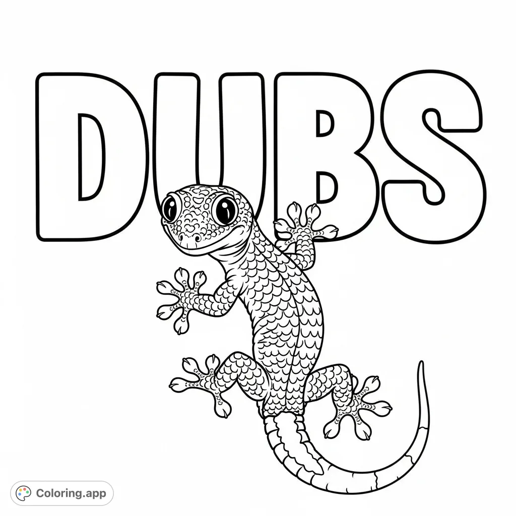 A cool DUBS coloring page featuring bold text and a detailed gecko clinging beneath it. Perfect for personalizing or enjoying a unique reptile scene.
