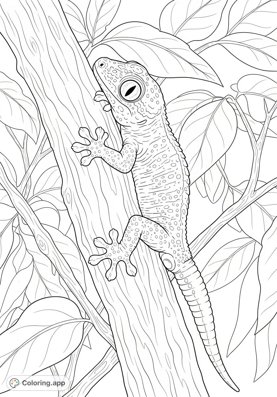 Explore the intricate details of a gecko clinging to a textured branch in this engaging gecko coloring page. Perfect for nature lovers and aspiring artists.