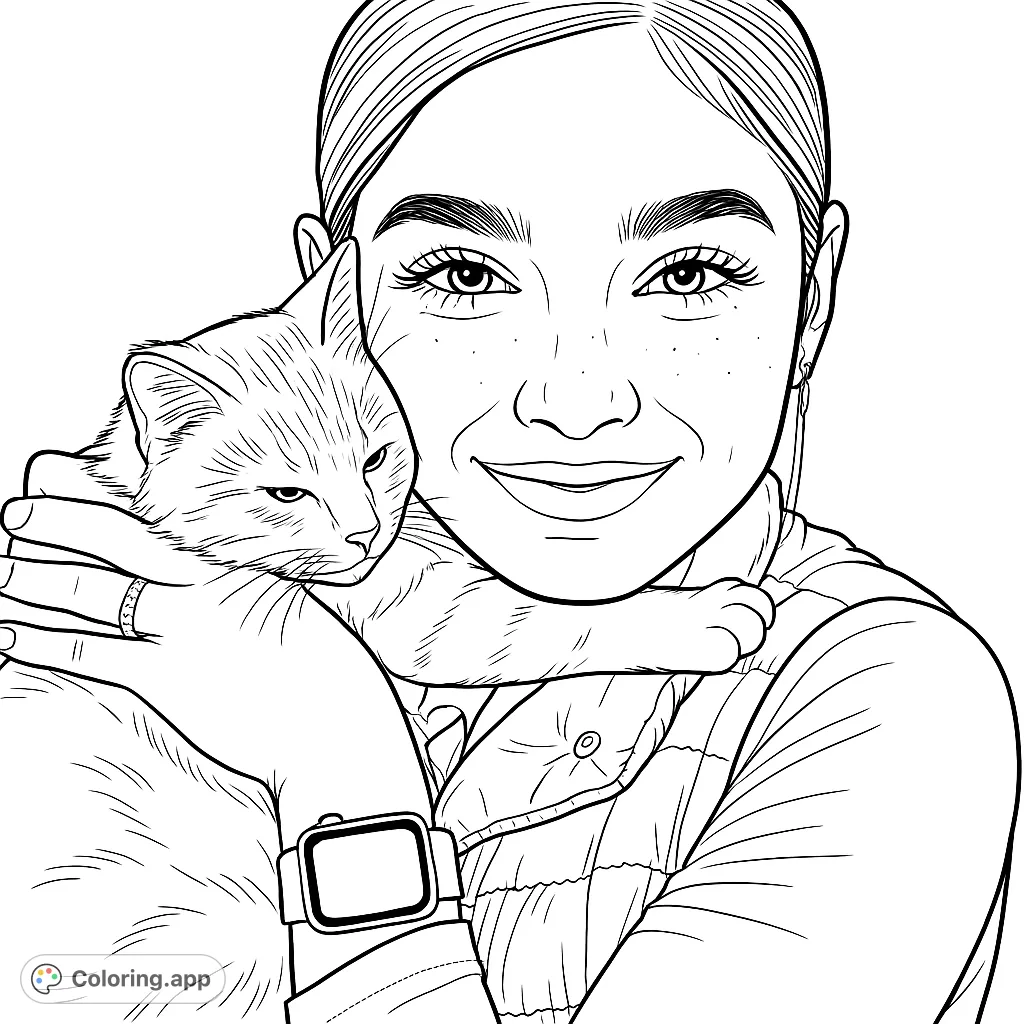 A heartwarming coloring page featuring a smiling person gently holding a cuddly kitten. Perfect for animal lovers to bring this affectionate scene to life.