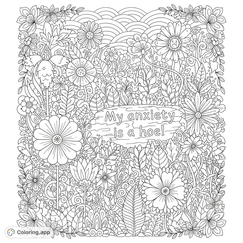Explore a magical flower garden filled with intricate doodle spaces and whimsical blossoms. Express yourself with the unique message 'My anxiety is a hoe!'.