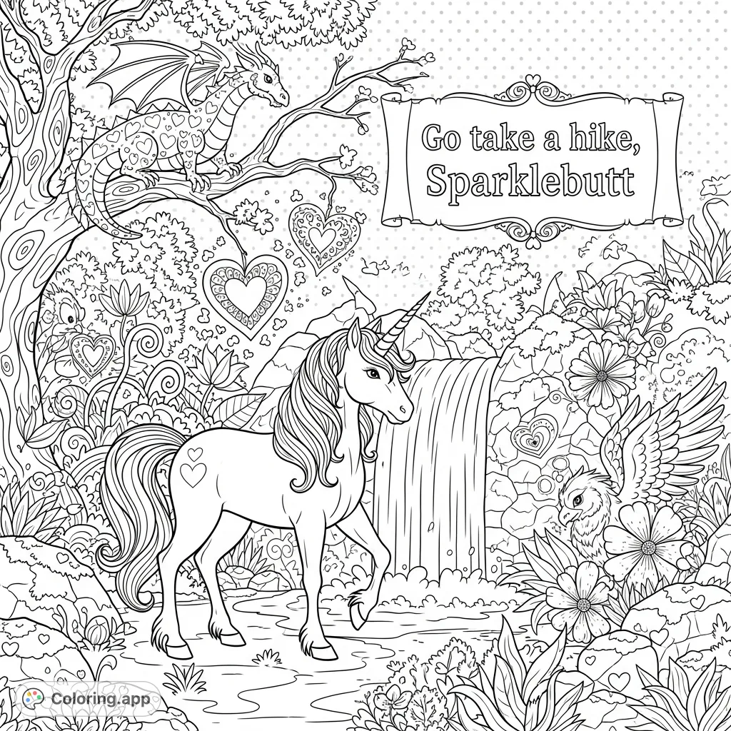 Explore a whimsical magical forest coloring page with a unicorn, fantasy creatures, and intricate patterns, featuring the cheeky phrase "Go take a hike, sparklebutt."