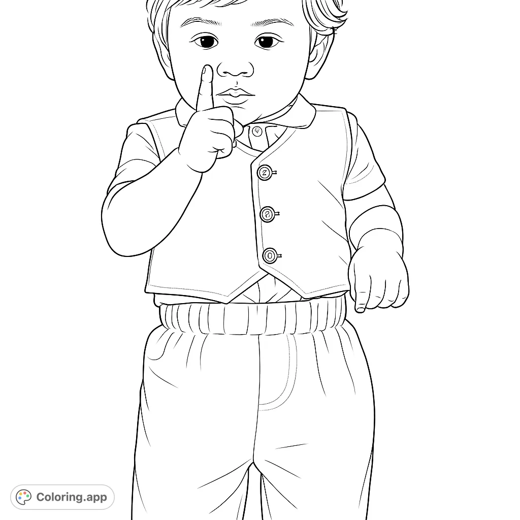 A charming baby in a formal vest and trousers, with a playful finger on their nose. A delightful baby coloring page for all ages.