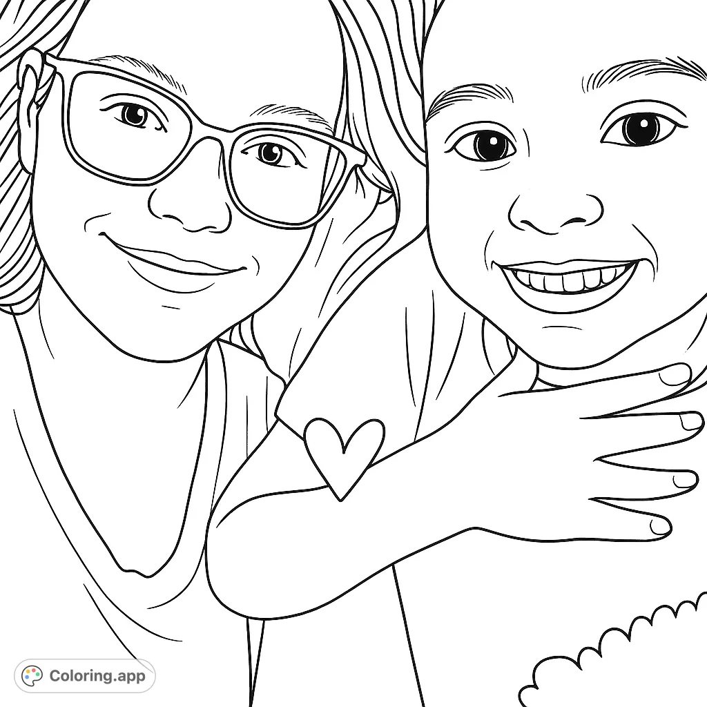 Capture a heartwarming moment with this smiling duo coloring page. Features an adult and child, perfect for expressing love and connection.