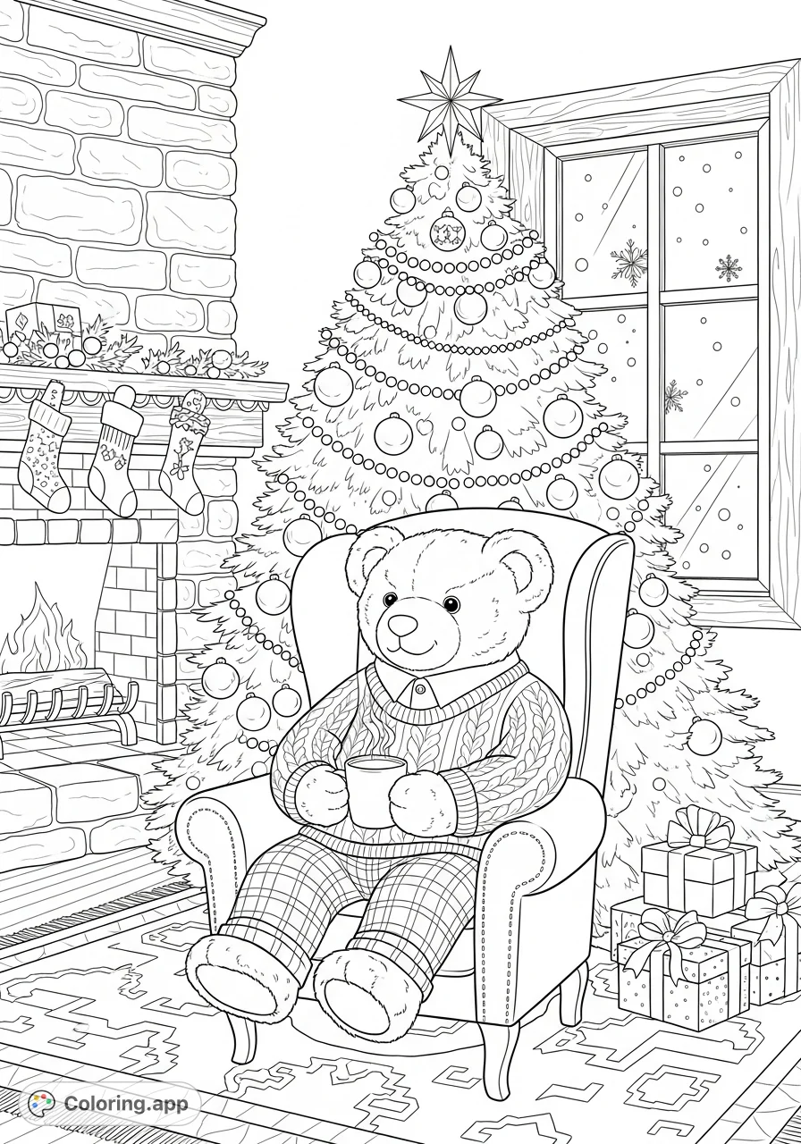 A charming teddy bear in Ralph Lauren-inspired attire enjoys a cozy Christmas scene by a decorated tree and fireplace. Perfect for holiday coloring!