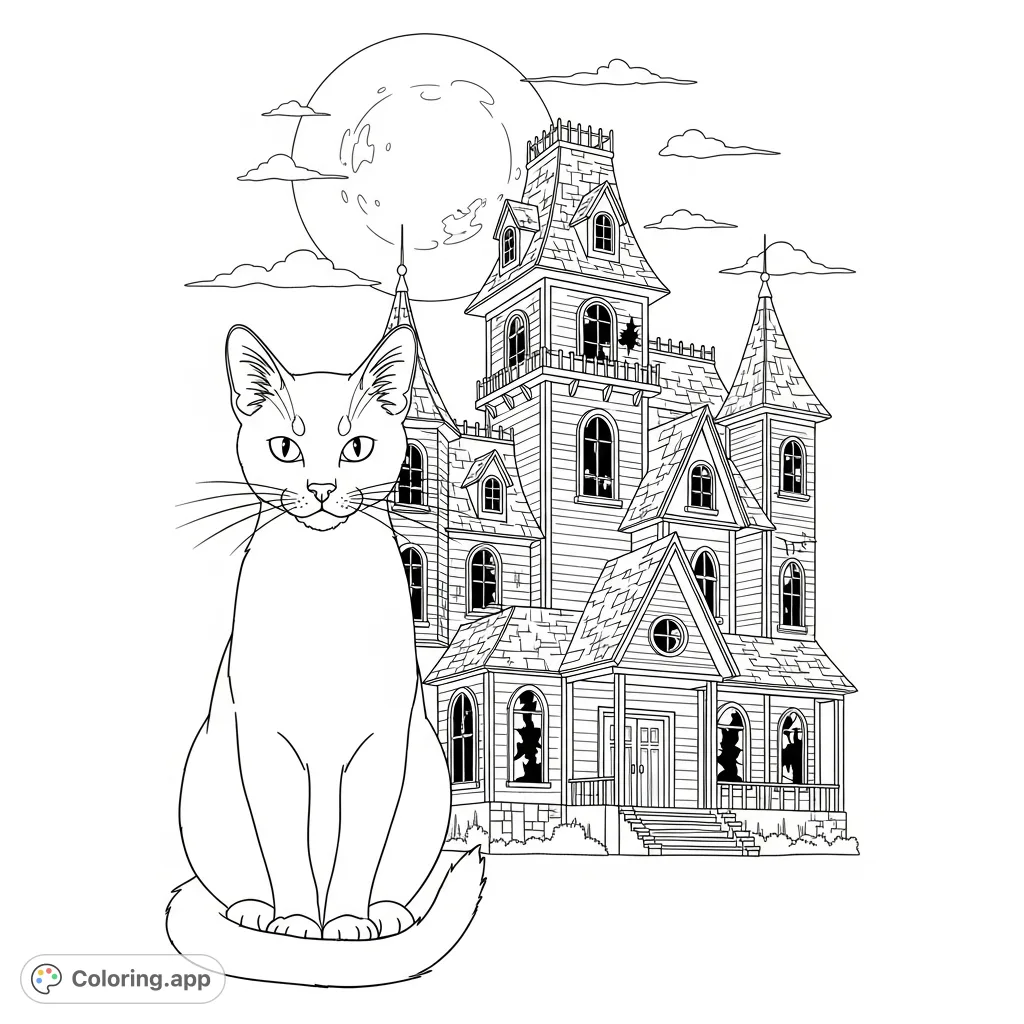 A mysterious cat sits before a towering haunted house under a full moon. This Halloween coloring page offers a spooky scene for all ages to enjoy.