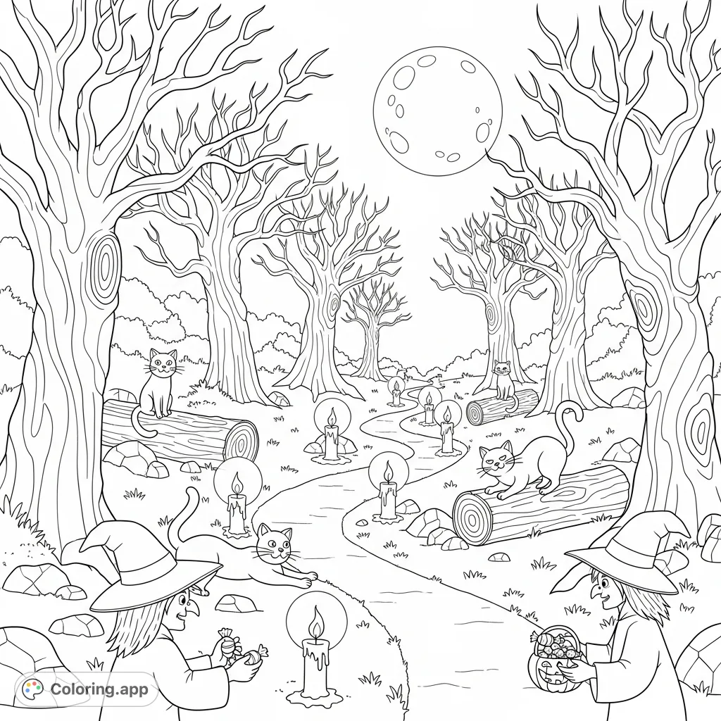 A spooky Halloween forest scene with witches giving out candy, illuminated by candles and a full moon. Features tall trees and playful cats.