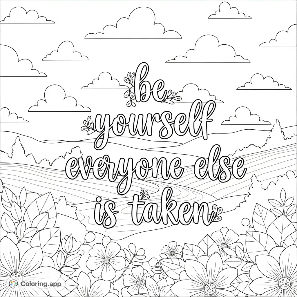 A beautiful calming landscape coloring page featuring the inspiring quote 'be yourself everyone else is taken' amidst rolling hills and delicate florals.