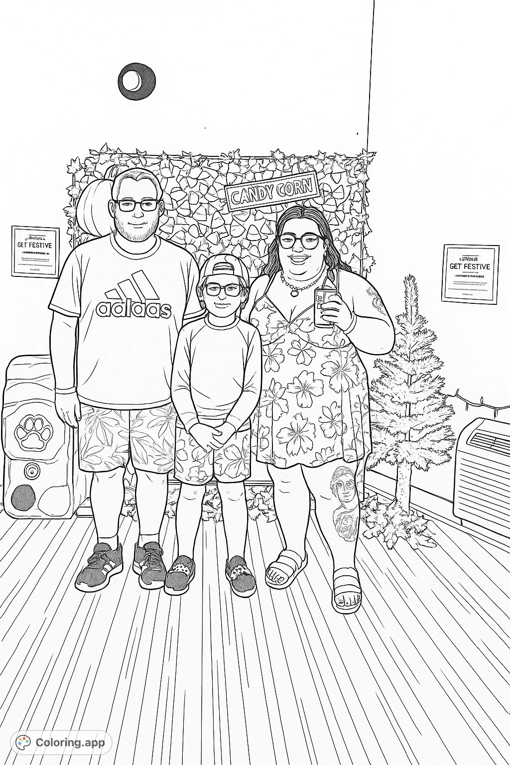 A heartwarming family portrait against a festive autumn backdrop, featuring three individuals with animal ear headbands and a candy corn themed wall.