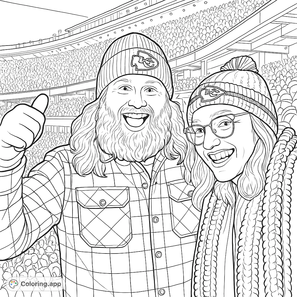Capture the thrill of game day with this stadium fan coloring page. Two excited fans, detailed with beanies, scarves, and plaid, cheer amidst a packed stadium.