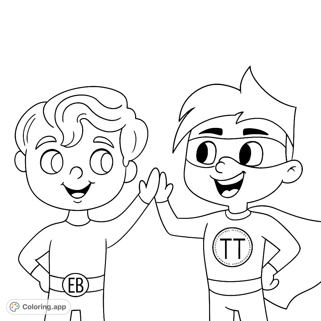 Two cheerful cartoon superhero characters high-fiving, one with a mask and cape, the other with a belt. A fun scene for young artists to bring to life.