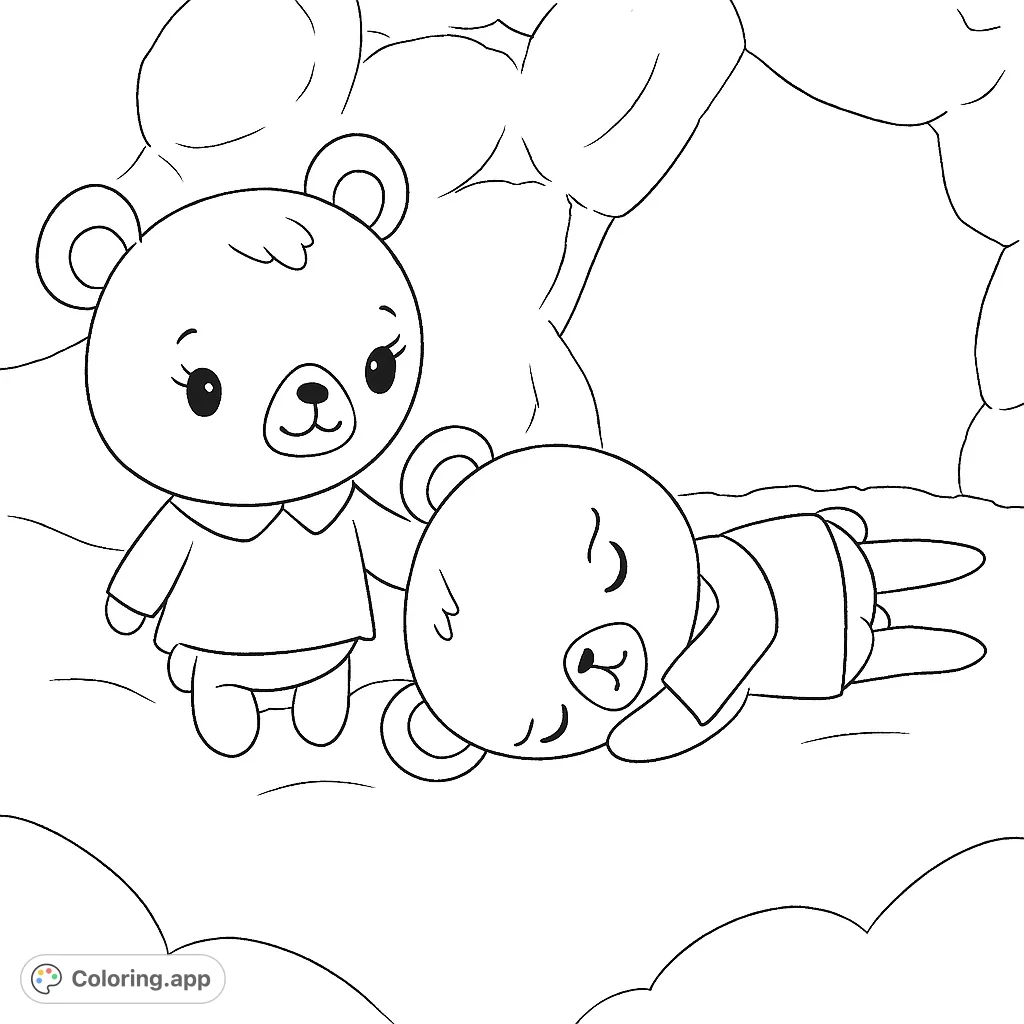 Two adorable teddy bears, one standing and one resting, by a mysterious cave entrance. A heartwarming scene for creative coloring.