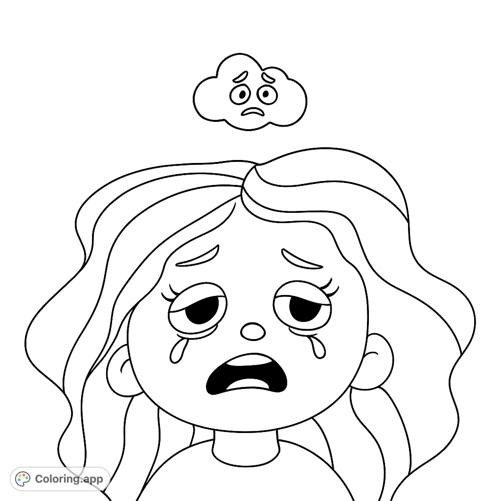 A poignant coloring page depicting a person with a distressed expression and a worried cloud overhead, perfect for exploring emotions and self-expression.