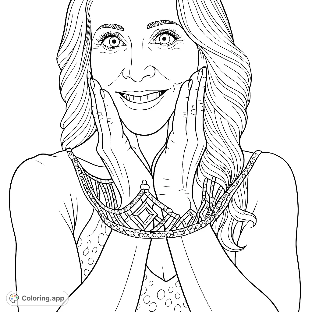 Color a stunning portrait of an elegant woman holding an intricate crown, featuring detailed hair, a sequined top, and sparkling jewels.