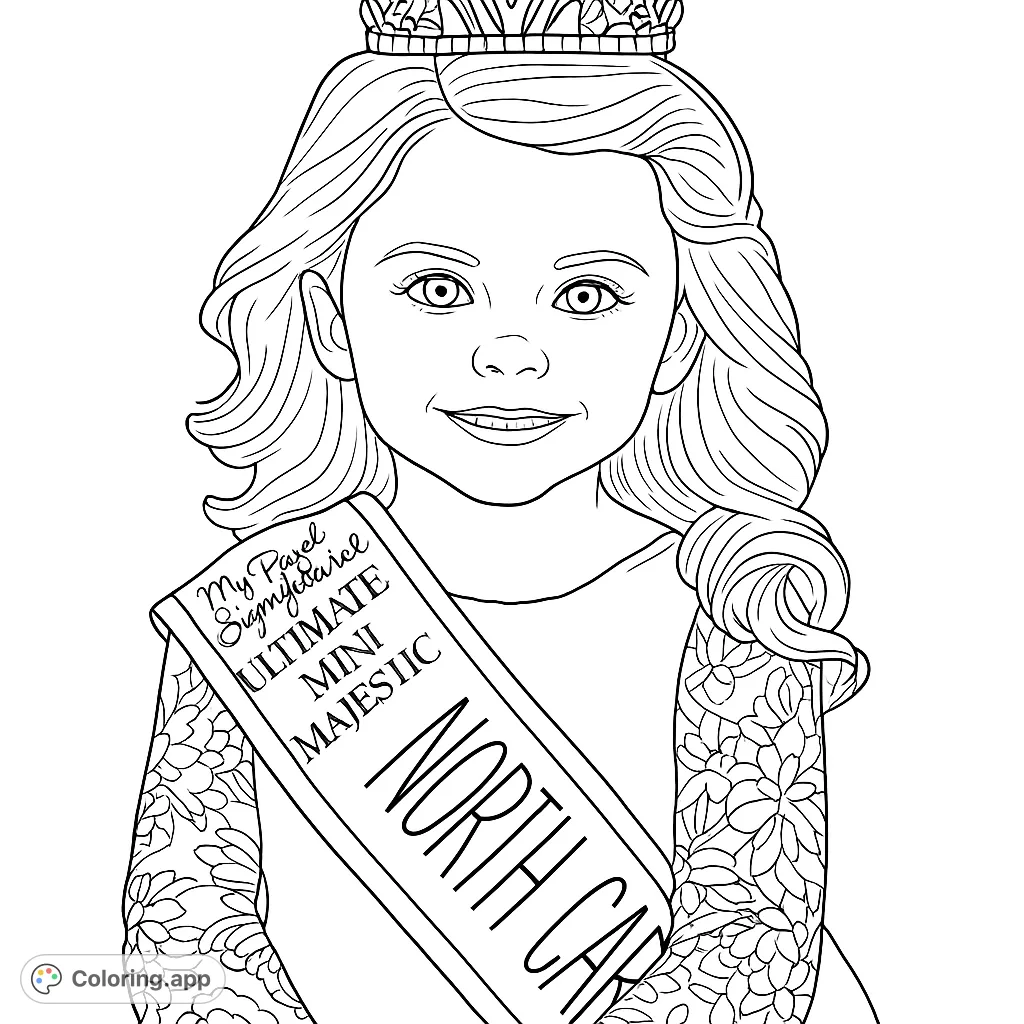 A charming coloring page featuring a young child wearing a detailed crown and an ornate sash, perfect for aspiring royalty and creative fun.