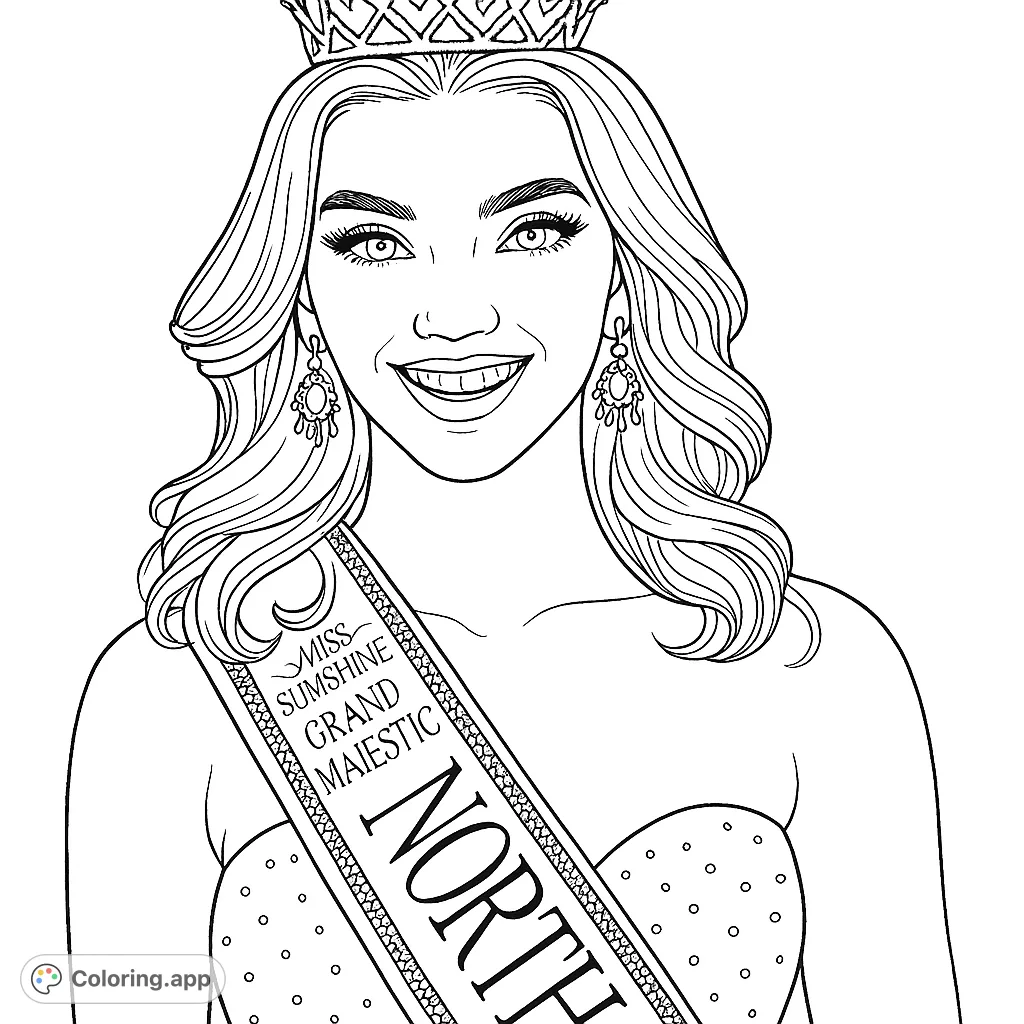 A majestic figure adorned with a detailed crown and sash, smiling brightly. This elegant coloring page offers intricate details for a rewarding creative experience.