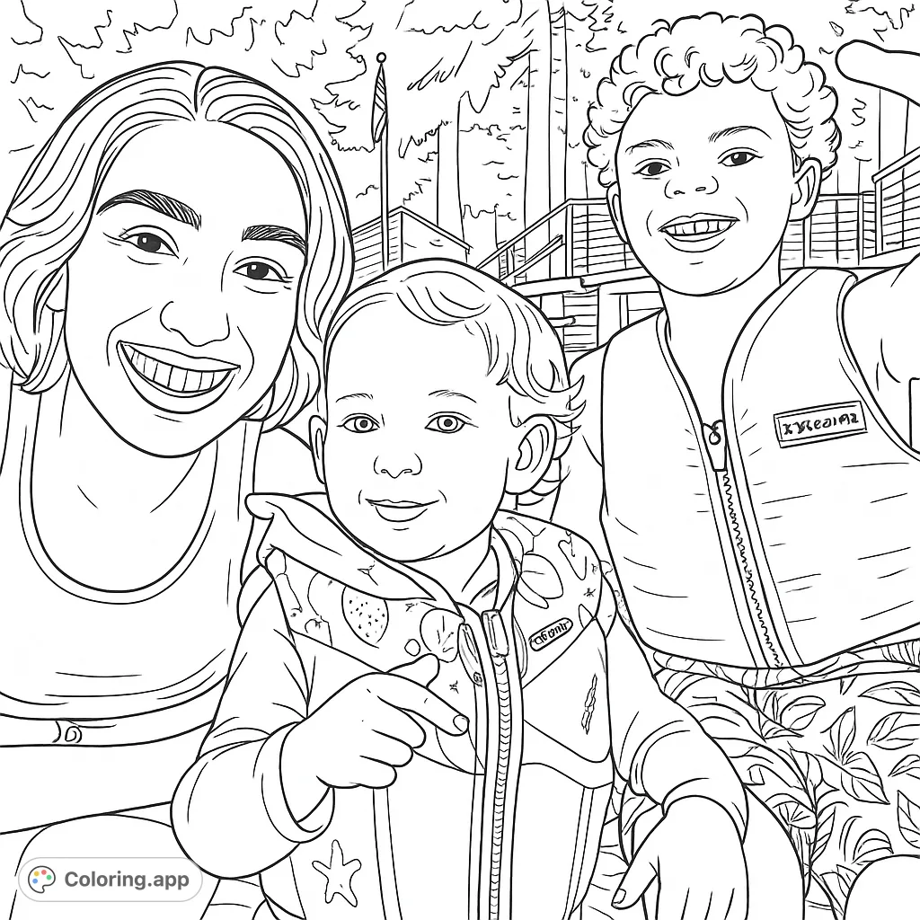 Capture a joyful family moment by the water. This free printable coloring page features three smiling individuals in life vests, ready for adventure.