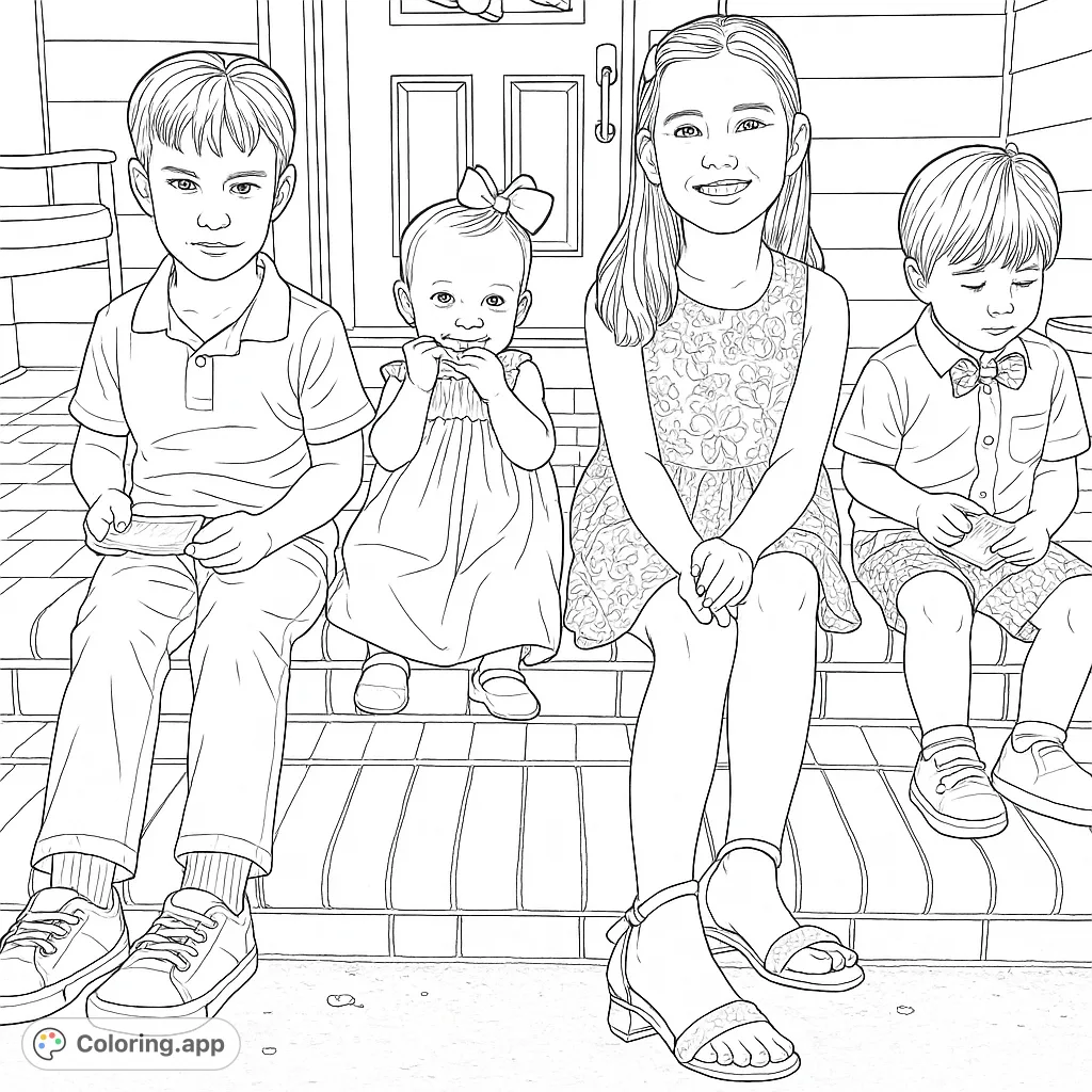 A delightful scene of four children, two boys and two girls, happily seated on brick steps, ready for a fun coloring adventure. Perfect for family themes.