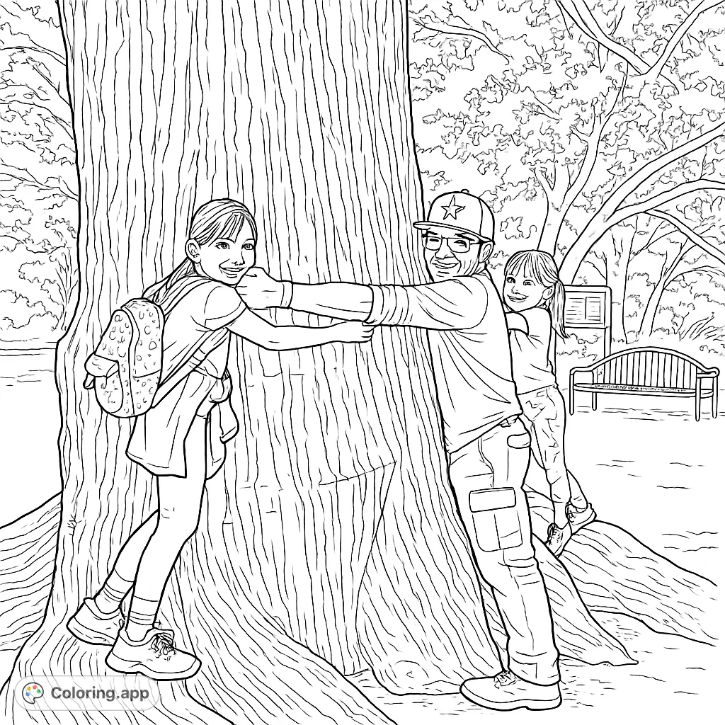 A heartwarming family tree hugging scene in a peaceful park. This detailed coloring page features a family embracing a giant tree, perfect for nature lovers.