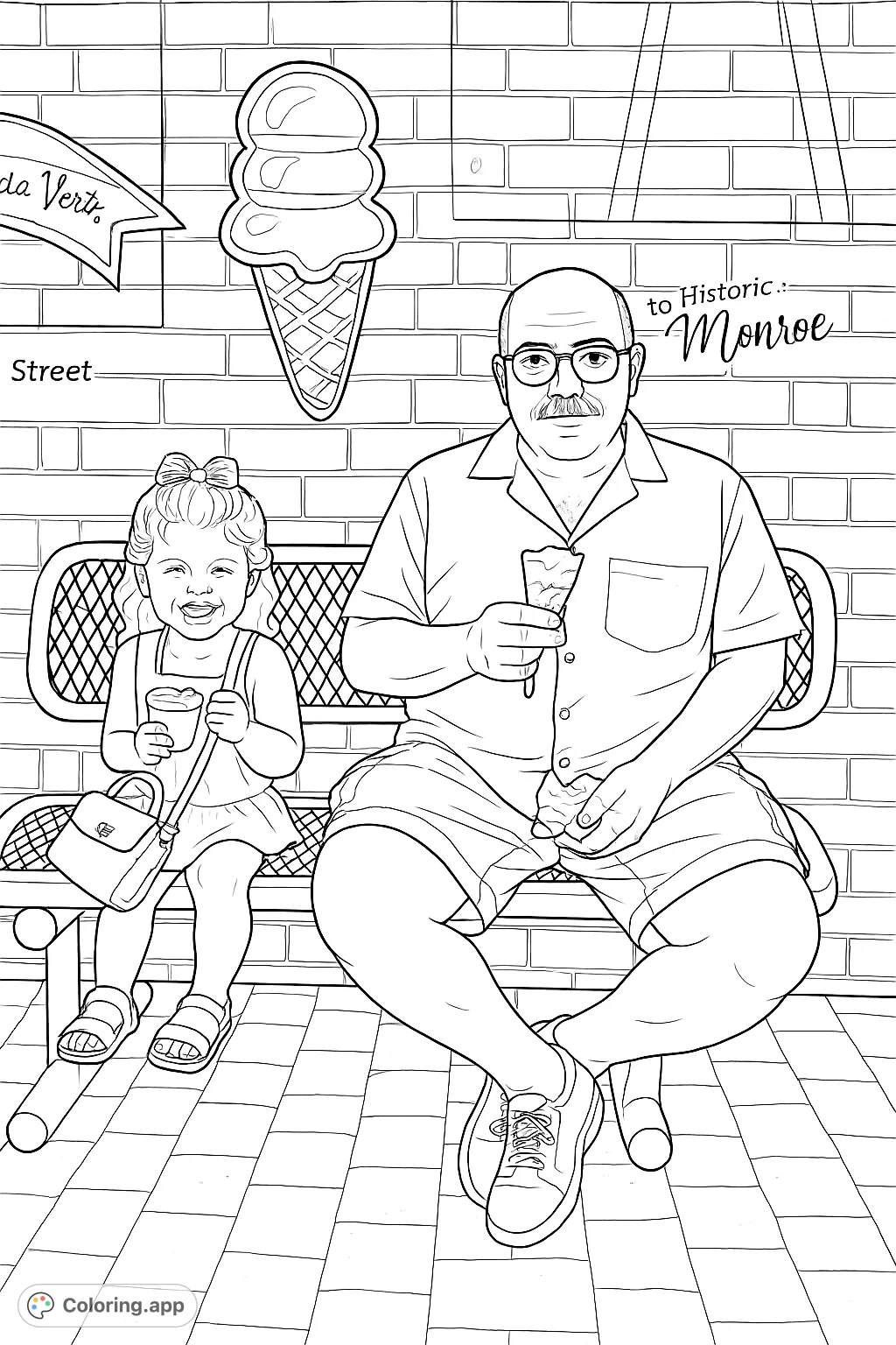 A heartwarming scene of a man and a young girl enjoying ice cream on a bench, set against a vibrant mural. Perfect for family fun.