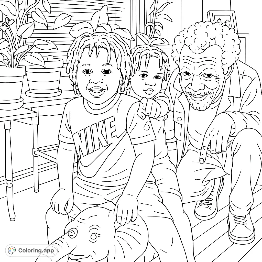 A heartwarming family moment featuring two children on a rocking elephant and an older man. Perfect for celebrating family bonds and playful memories.