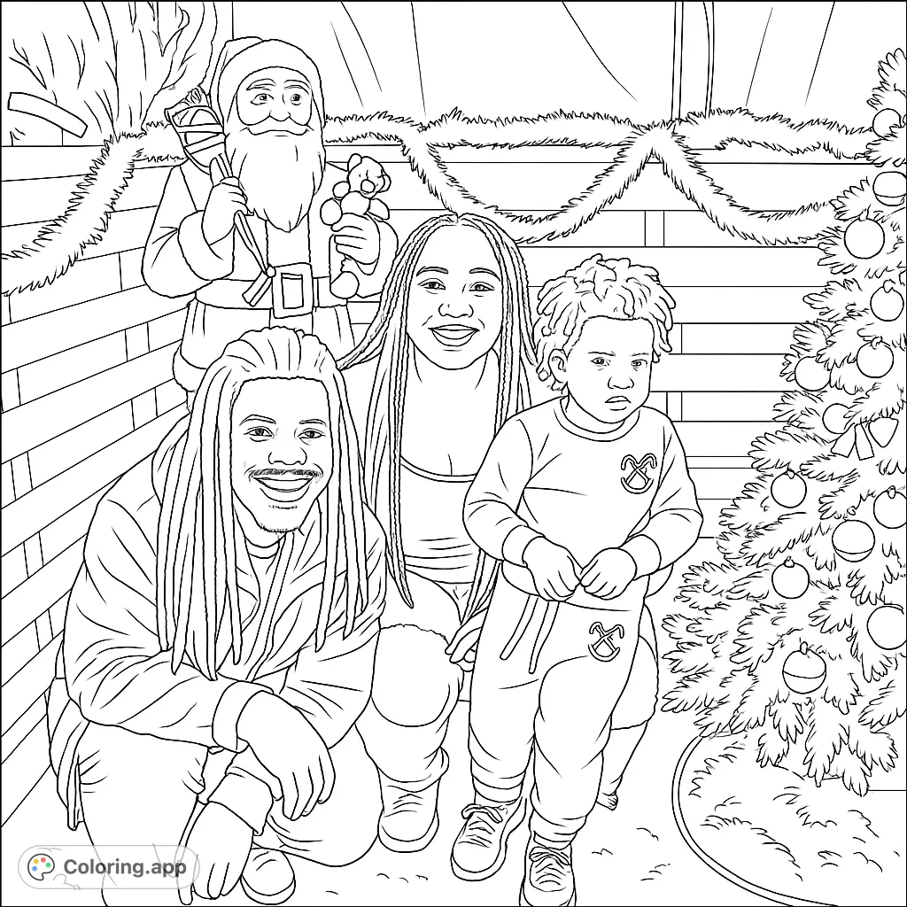 Capture the joy of a family gathering with a festive background, featuring a cheerful group and holiday decorations. A heartwarming Christmas family coloring page.