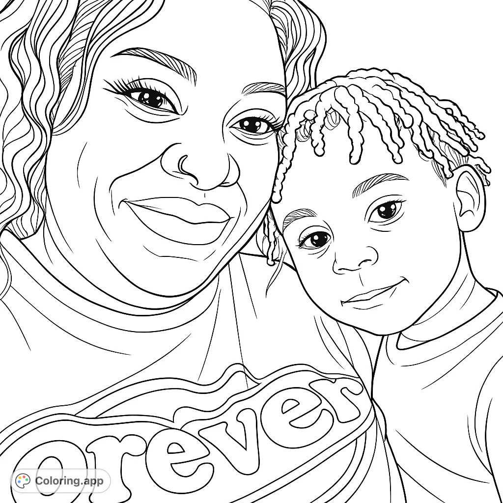 A heartwarming coloring page featuring a smiling woman and child, capturing a moment of connection and joy. Perfect for celebrating family bonds.
