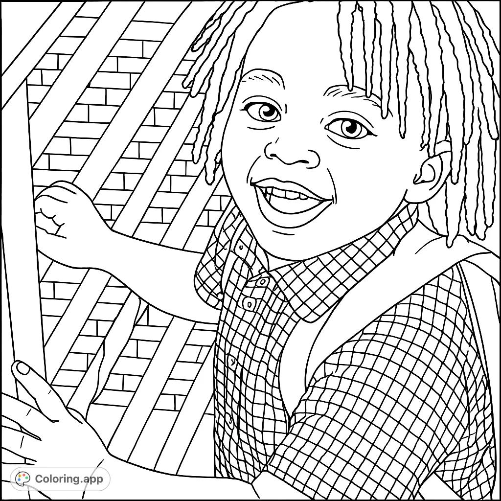 A delightful coloring page featuring a smiling child with dreadlocks, wearing a plaid shirt and backpack, holding a railing. Perfect for all ages!