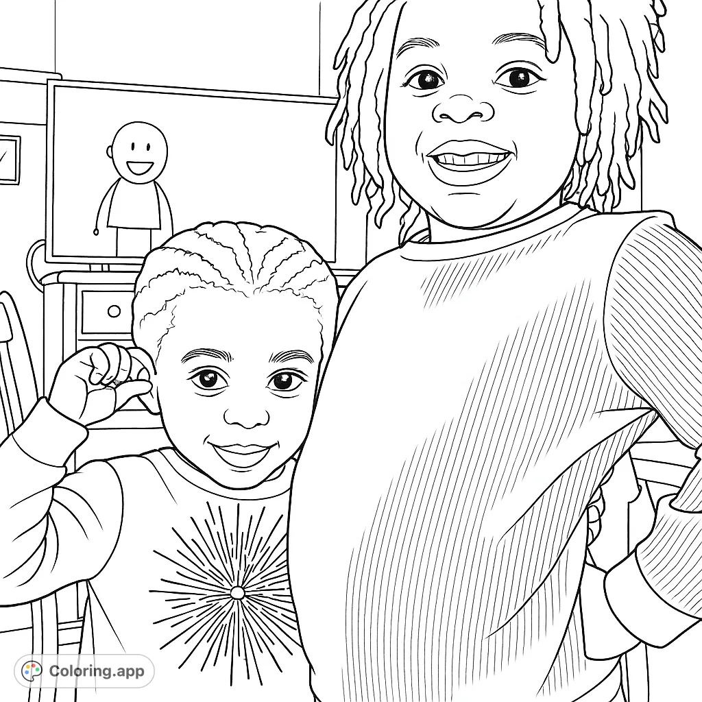 Capture the joy of two smiling children with a fun cartoon in the background. A delightful scene perfect for young colorists to bring to life with imagination.