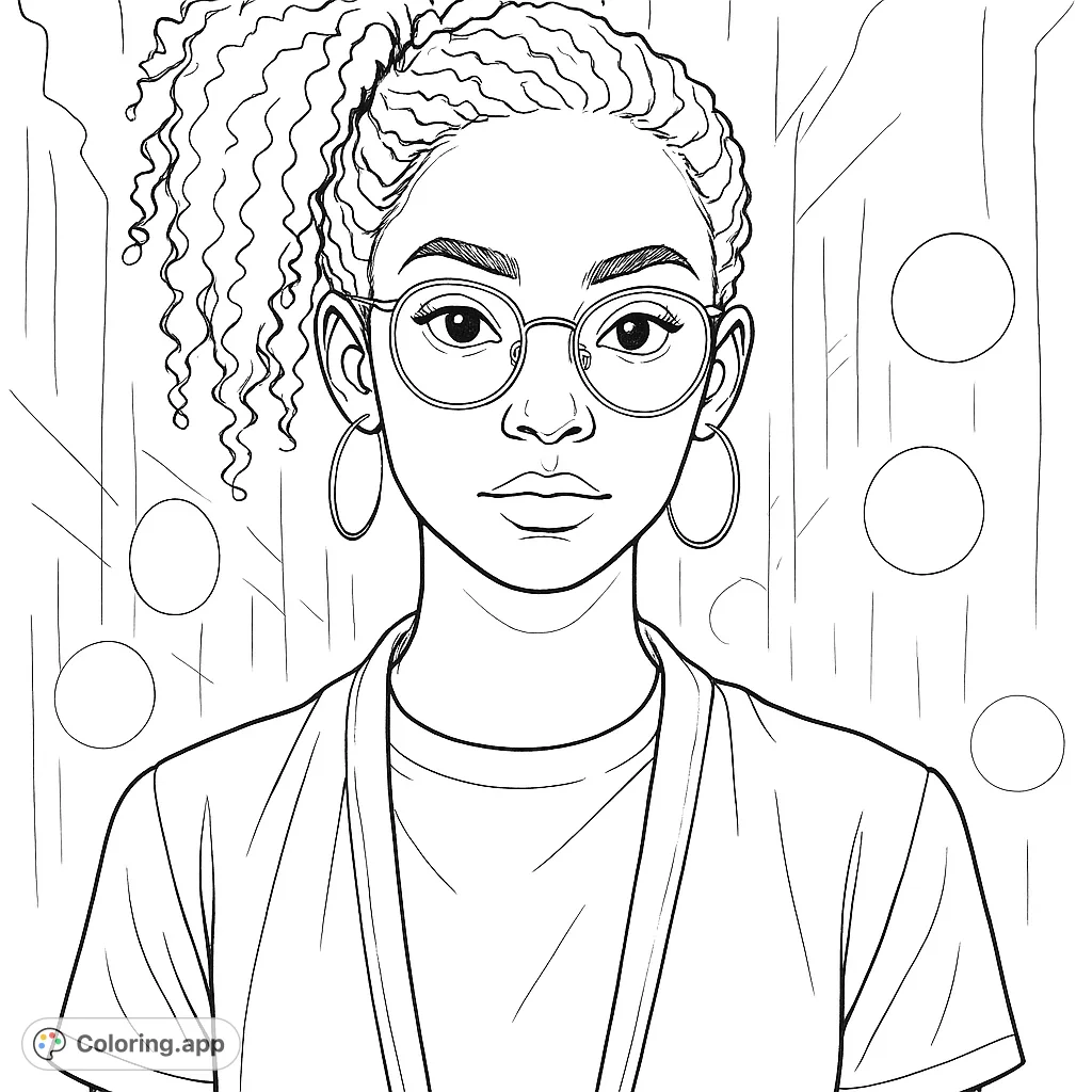 A captivating portrait of a stylish woman with curly hair and glasses, perfect for creative expression. Explore textures and light in this modern design.