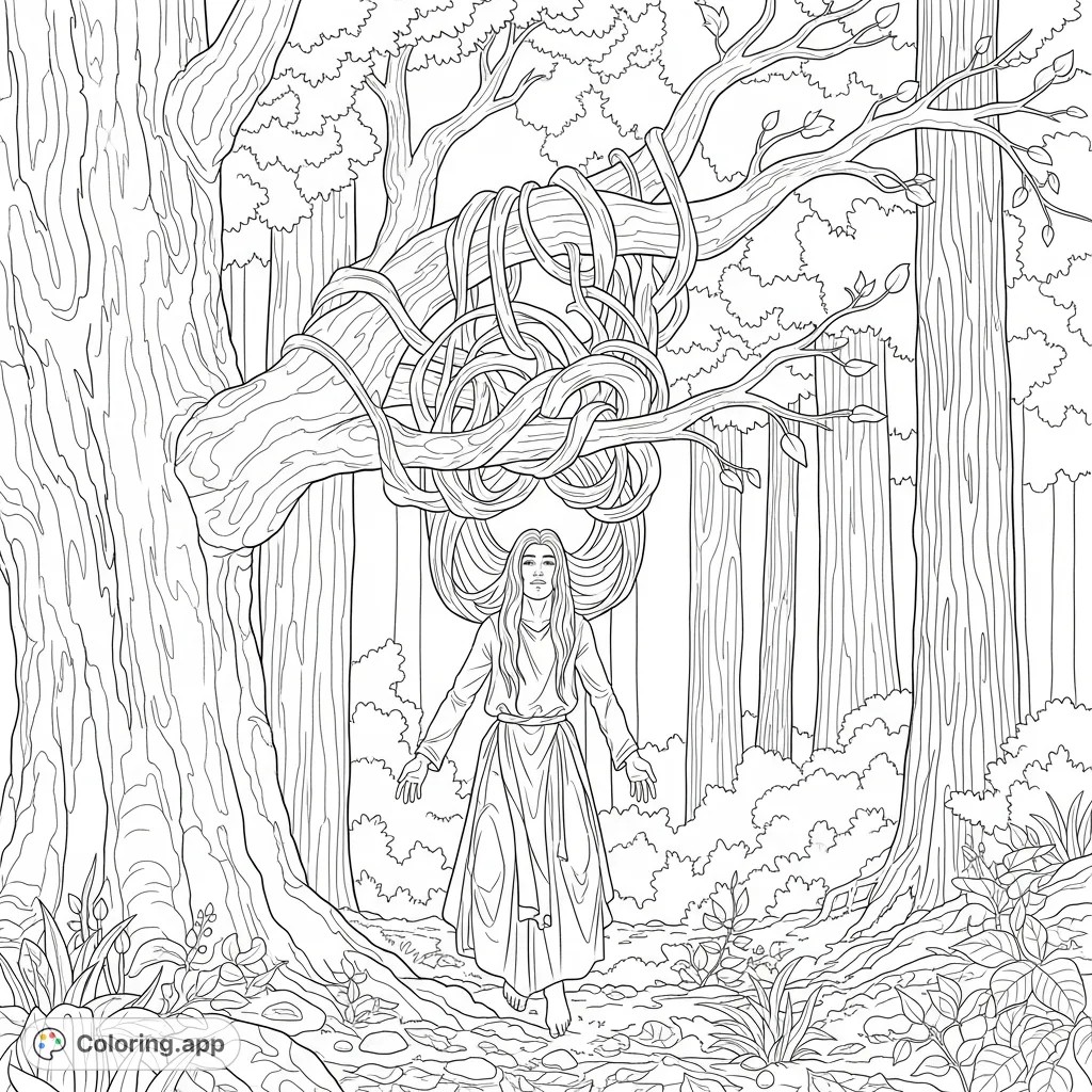 Explore a dramatic biblical scene: Absalom's hair caught in a forest tree. A compelling narrative coloring page for all ages.