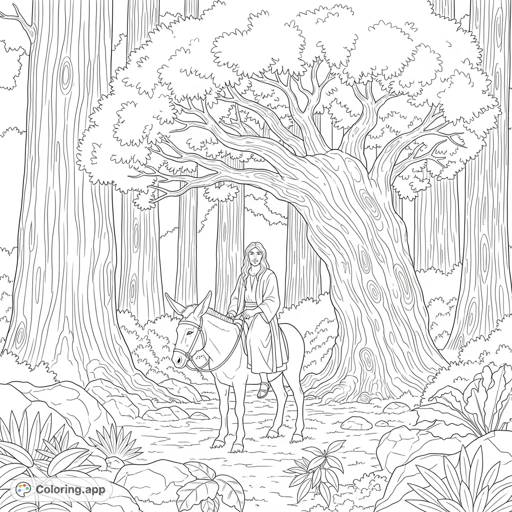 A dramatic Absalom riding donkey coloring page, depicting the biblical figure caught by his hair in a forest tree. A compelling free printable coloring page.