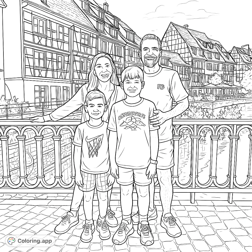 A cheerful family of four stands on a charming bridge in a picturesque European town, surrounded by unique architecture and a tranquil canal.