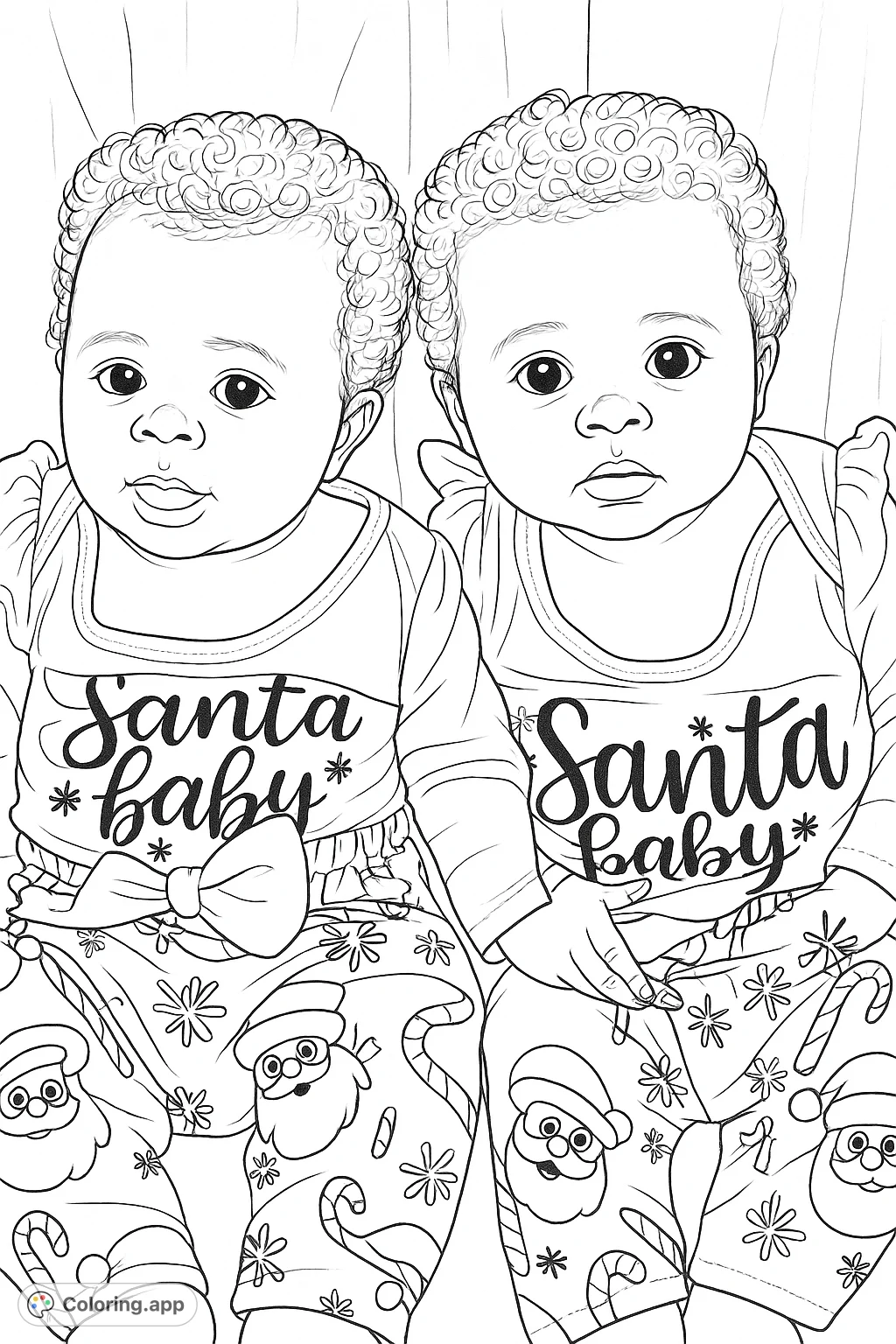Adorable twin babies in festive holiday outfits, featuring Santa and snowflake patterns. A heartwarming scene perfect for coloring.
