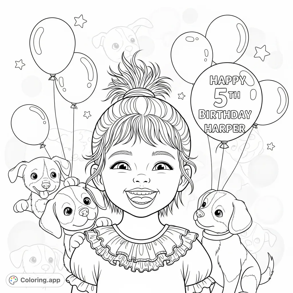 A heartwarming scene featuring a smiling child, two adorable puppies, and festive balloons. A delightful free printable coloring page for kids and adults.
