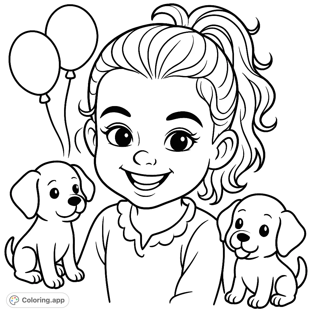 A delightful cartoony coloring page featuring a smiling child surrounded by playful puppies and festive balloons, perfect for young artists.