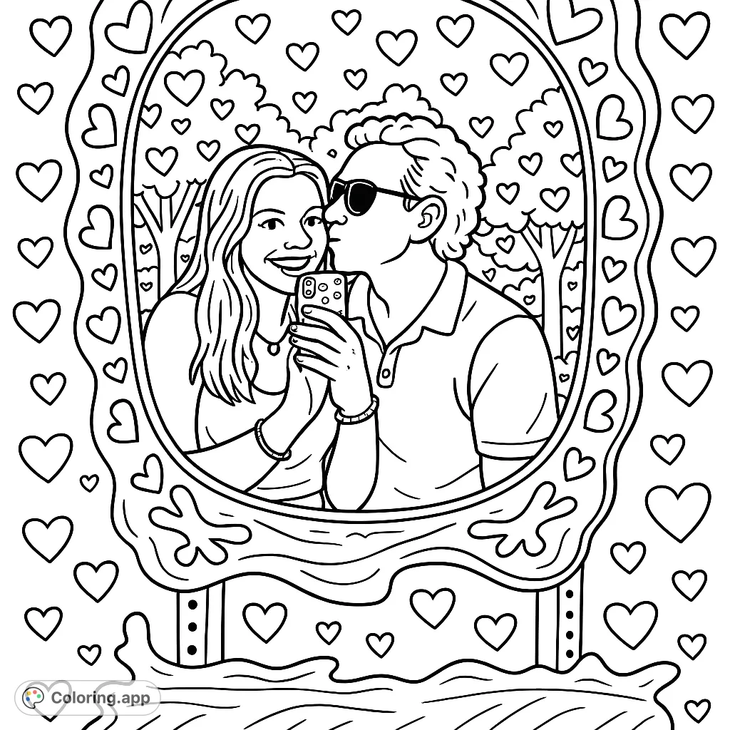A heartwarming cartoony couple's mirror selfie, filled with love and decorative heart patterns. Perfect for a romantic coloring escape.