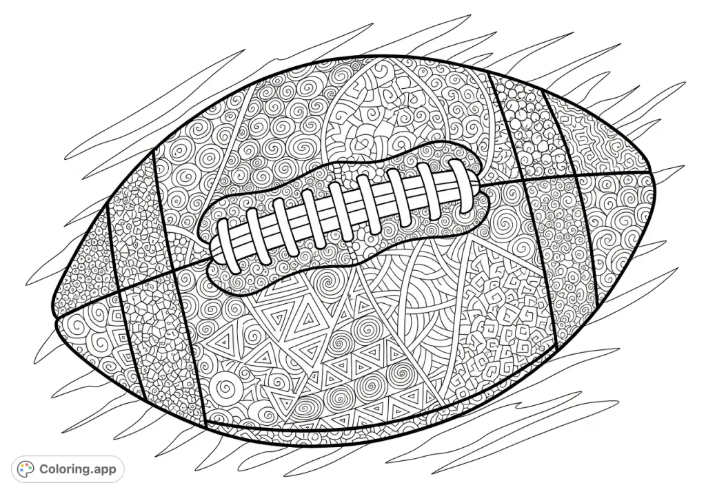 Unleash your creativity with this intricate zentangle-style football coloring page, featuring detailed patterns perfect for mindful coloring and artistic expression.