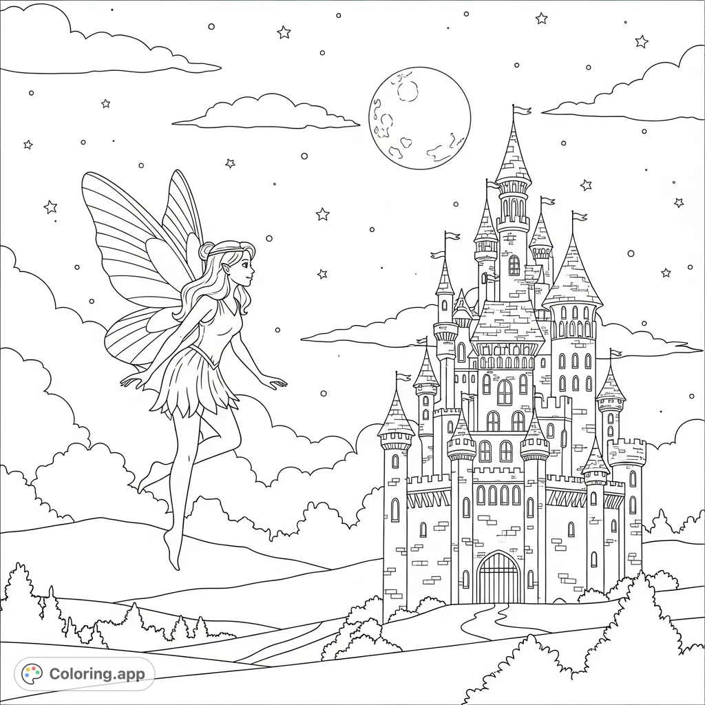 A magical fairy hovers before a grand castle under the enchanting glow of moonlight. A fantasy night scene for creative coloring.
